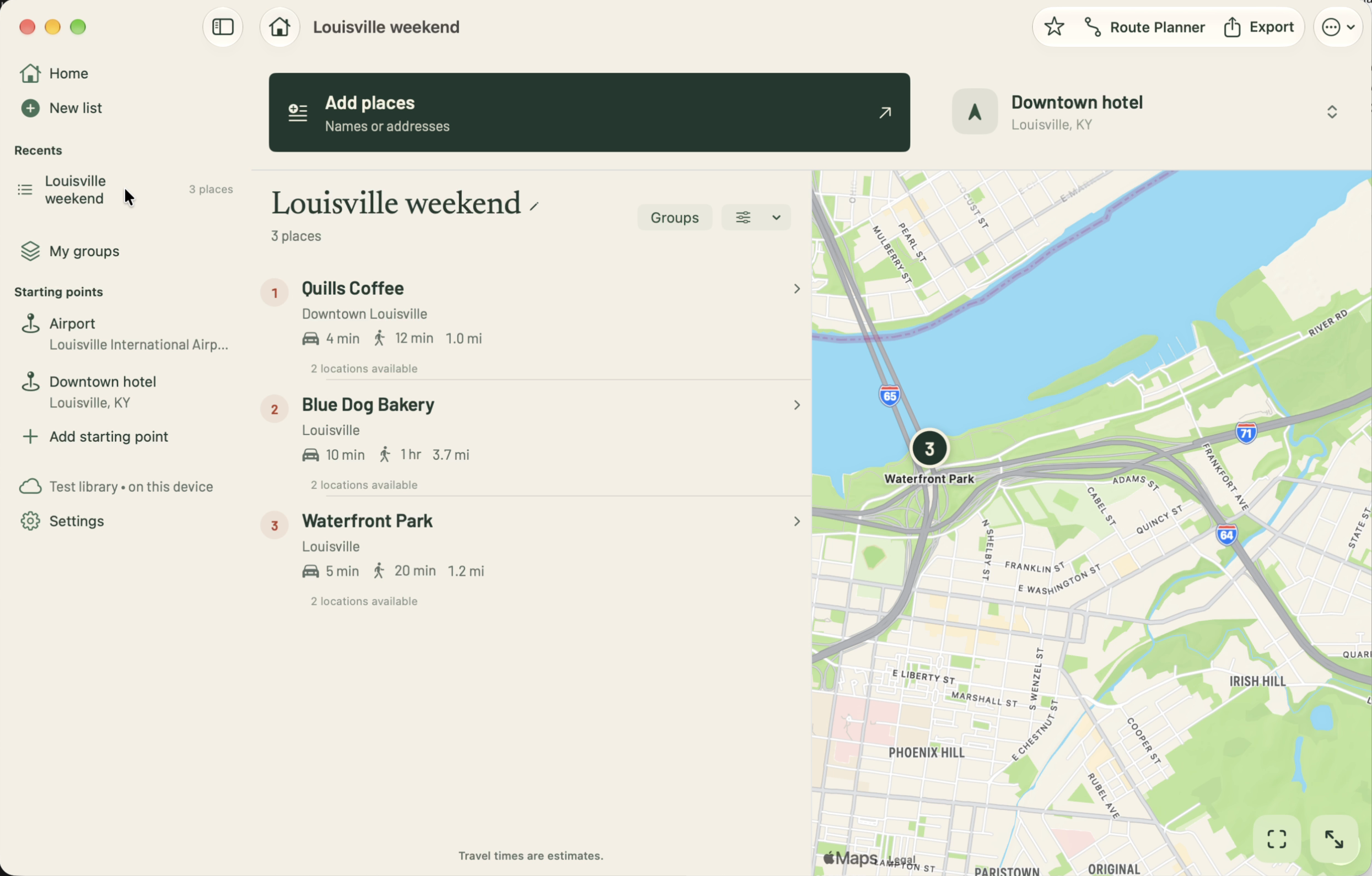 Nearabout on Mac with a saved Louisville weekend list beside a map.